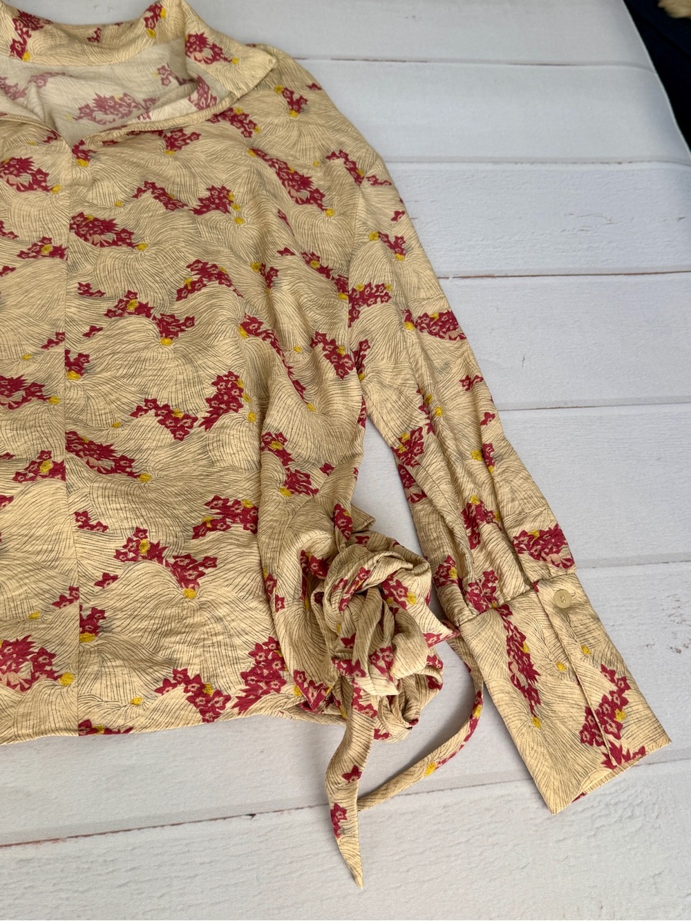 NWT Zara Floral Wrap Tie Blouse Top XS Beige Red Long Sleeve Linen Blend Boho - Picture 3 of 11